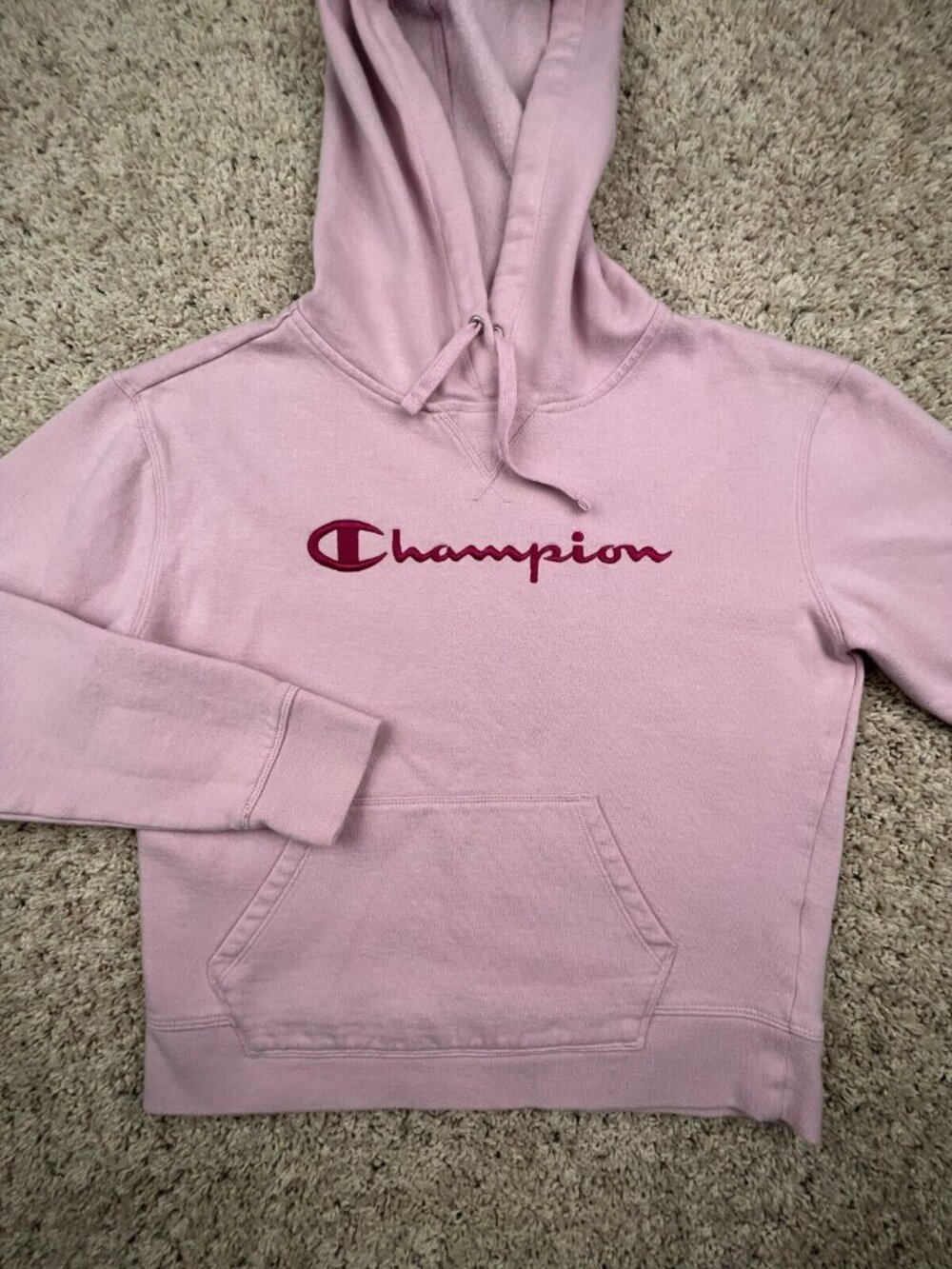 Champion Pullover Hoodie Size Small Light Pink w Logo Drawstring Sweatshirt L/S
